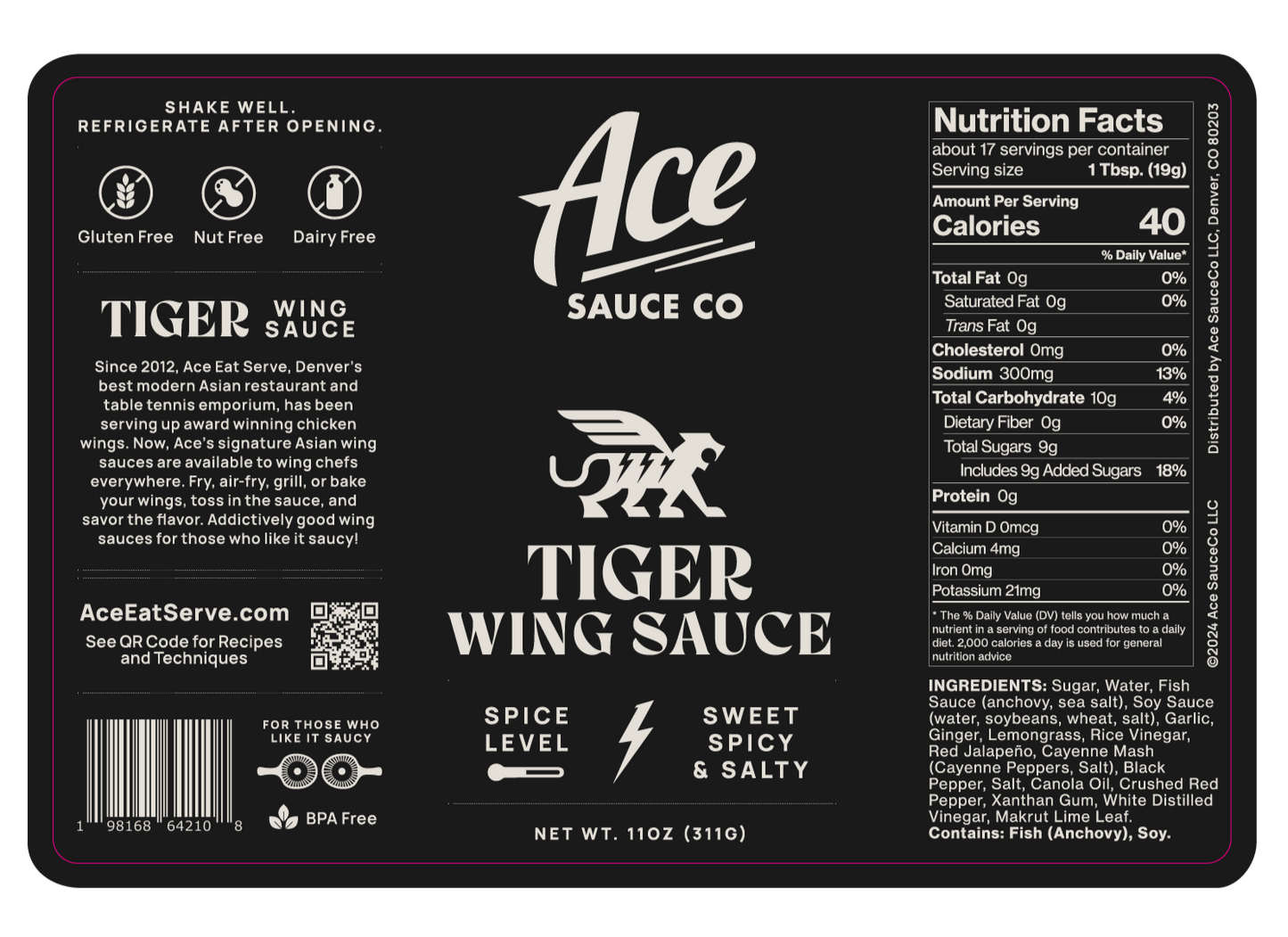 Meet award-winning Tiger Wing Sauce, a tantalizing blend of sweet, spicy, salty, and umami that roars with every bite. This versatile sauce, originally created for chicken wings, makes an ideal and easy companion for your favorite chicken, meat, fish, or even as a glaze for vegetables. The savory undertones and mouth-watering sweetness of the Tiger Wing sauce will be perfect for any occasion that calls for a touch of spice.